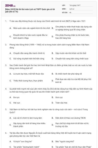 [Năm 2022] Đề thi thử môn Lịch sử THPT Quốc gia có lời giải (Đề số 16)