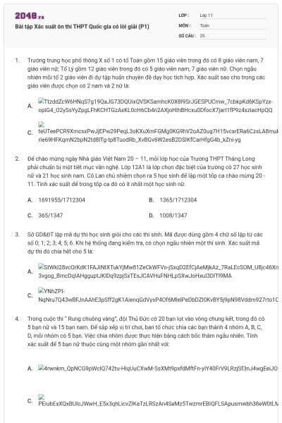 Bài tập Xác suất ôn thi THPT Quốc gia có lời giải (P1)