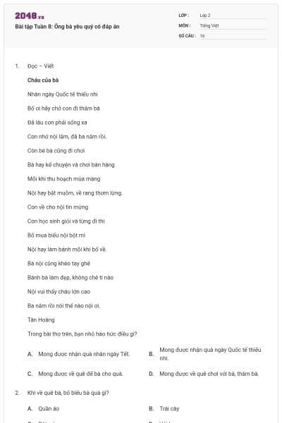 Bài tập Tuần 8: Ông bà yêu quý có đáp án