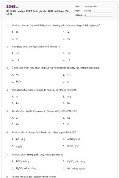 Bộ đề thi Hóa học THPT Quốc gia năm 2022 có lời giải (Đề số 1)