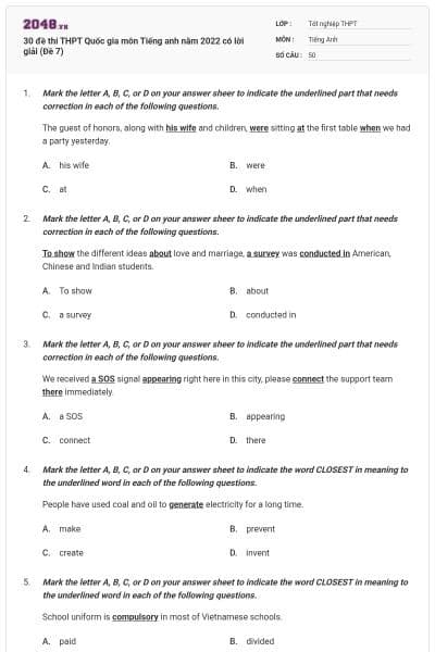 30 đề thi THPT Quốc gia môn Tiếng anh năm 2022 có lời giải (Đề 7)