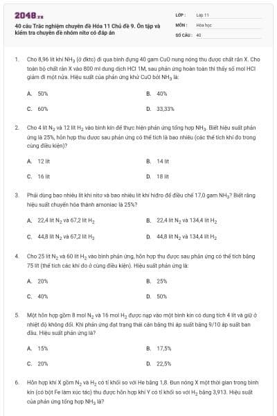 40 câu Trắc nghiệm chuyên đề Hóa 11 Chủ đề 9. Ôn tập và kiểm tra chuyên đề nhóm nitơ có đáp án