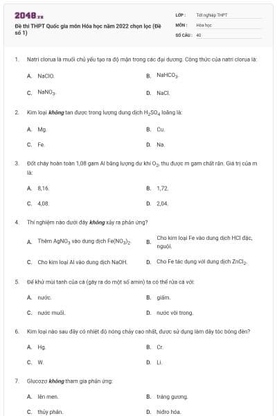 Đề thi THPT Quốc gia môn Hóa học năm 2022 chọn lọc (Đề số 1)