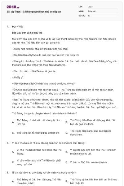 Bài tập Tuần 10: Những người bạn nhỏ có đáp án