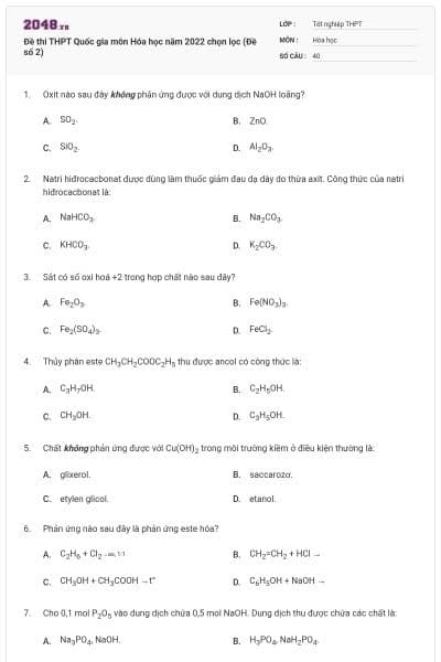 Đề thi THPT Quốc gia môn Hóa học năm 2022 chọn lọc (Đề số 2)