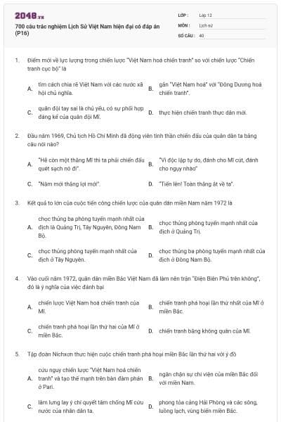 700 câu trắc nghiệm Lịch Sử Việt Nam hiện đại có đáp án (P16)