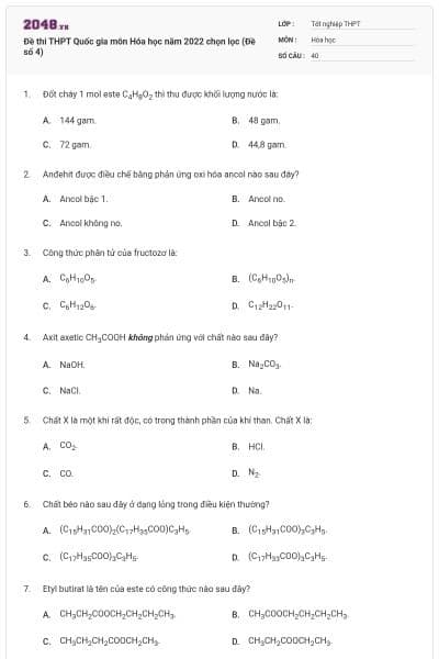Đề thi THPT Quốc gia môn Hóa học năm 2022 chọn lọc (Đề số 4)