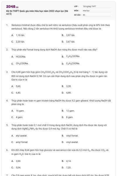 Đề thi THPT Quốc gia môn Hóa học năm 2022 chọn lọc (Đề số 5)