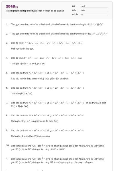 Trắc nghiệm bài tâp theo tuần Toán 7-Tuần 31 có đáp án