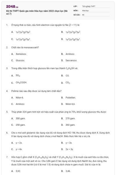Đề thi THPT Quốc gia môn Hóa học năm 2022 chọn lọc (Đề số 7)