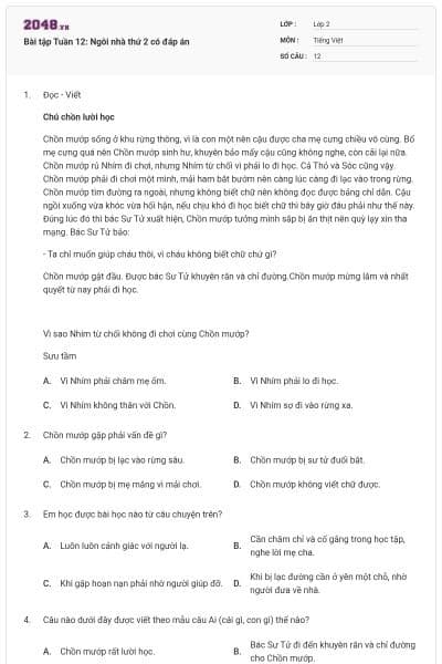 Bài tập Tuần 12: Ngôi nhà thứ 2 có đáp án