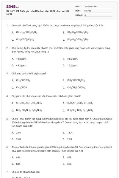 Đề thi THPT Quốc gia môn Hóa học năm 2022 chọn lọc (Đề số 9)