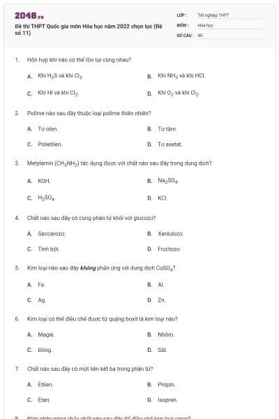 Đề thi THPT Quốc gia môn Hóa học năm 2022 chọn lọc (Đề số 11)