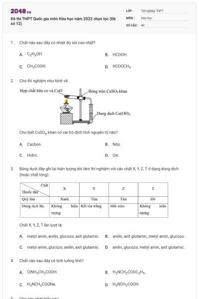 Đề thi THPT Quốc gia môn Hóa học năm 2022 chọn lọc (Đề số 12)