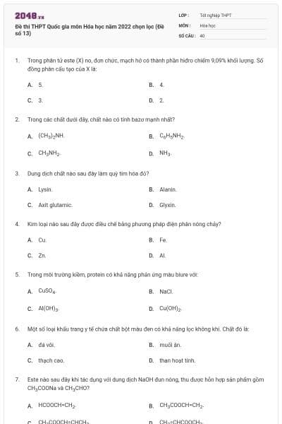 Đề thi THPT Quốc gia môn Hóa học năm 2022 chọn lọc (Đề số 13)