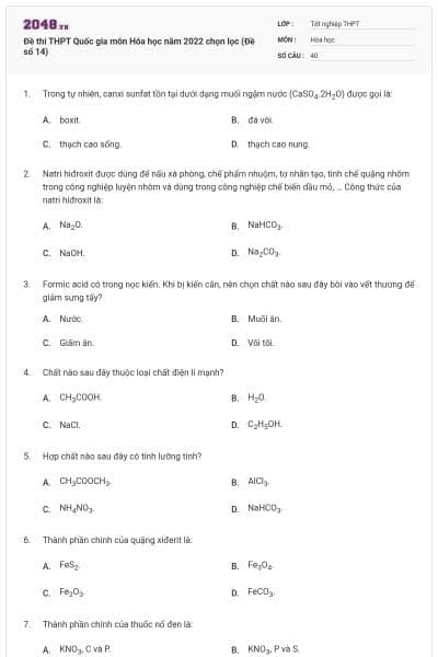 Đề thi THPT Quốc gia môn Hóa học năm 2022 chọn lọc (Đề số 14)