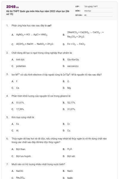 Đề thi THPT Quốc gia môn Hóa học năm 2022 chọn lọc (Đề số 15)