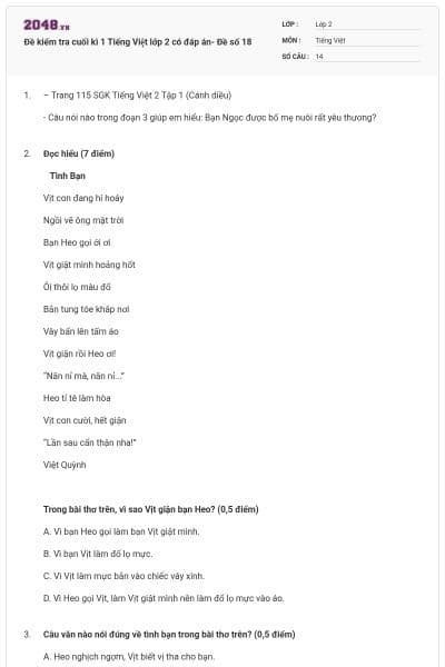 Đề kiểm tra cuối kì 1 Tiếng Việt lớp 2 có đáp án- Đề số 18