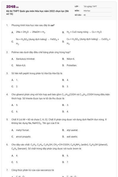 Đề thi THPT Quốc gia môn Hóa học năm 2022 chọn lọc (Đề số 16)