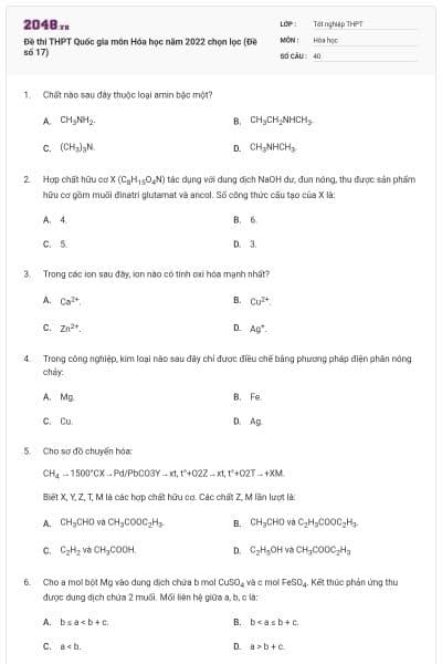 Đề thi THPT Quốc gia môn Hóa học năm 2022 chọn lọc (Đề số 17)