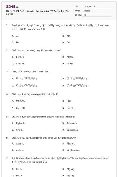 Đề thi THPT Quốc gia môn Hóa học năm 2022 chọn lọc (Đề số 19)