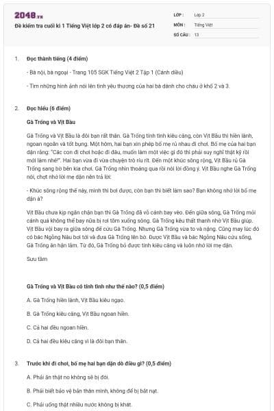 Đề kiểm tra cuối kì 1 Tiếng Việt lớp 2 có đáp án- Đề số 21