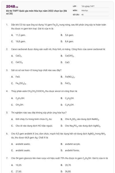 Đề thi THPT Quốc gia môn Hóa học năm 2022 chọn lọc (Đề số 20)