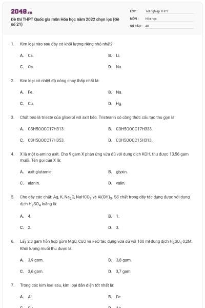 Đề thi THPT Quốc gia môn Hóa học năm 2022 chọn lọc (Đề số 21)