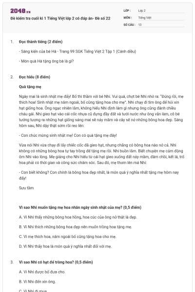 Đề kiểm tra cuối kì 1 Tiếng Việt lớp 2 có đáp án- Đề số 22