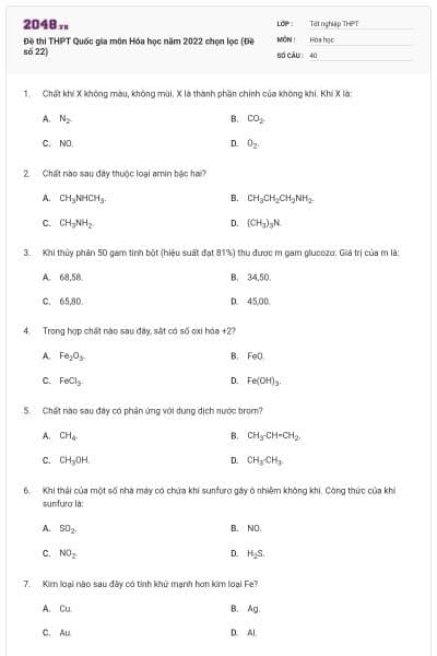 Đề thi THPT Quốc gia môn Hóa học năm 2022 chọn lọc (Đề số 22)