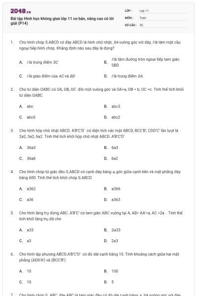 Bài tập Hình học không gian lớp 11 cơ bản, nâng cao có lời giải (P14)