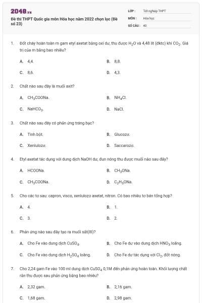 Đề thi THPT Quốc gia môn Hóa học năm 2022 chọn lọc (Đề số 23)