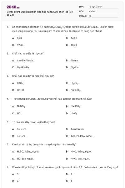 Đề thi THPT Quốc gia môn Hóa học năm 2022 chọn lọc (Đề số 24)