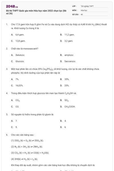Đề thi THPT Quốc gia môn Hóa học năm 2022 chọn lọc (Đề số 26)