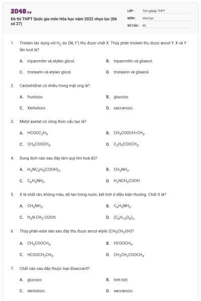 Đề thi THPT Quốc gia môn Hóa học năm 2022 chọn lọc (Đề số 27)