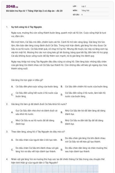 Đề kiểm tra Học kì 1 Tiếng Việt lớp 2 có đáp án - đề 20