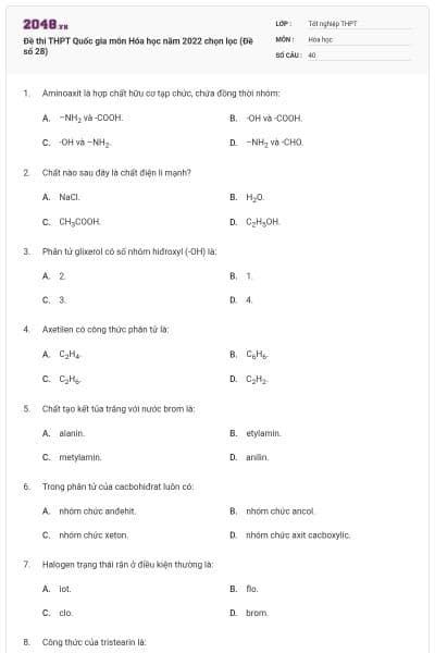 Đề thi THPT Quốc gia môn Hóa học năm 2022 chọn lọc (Đề số 28)