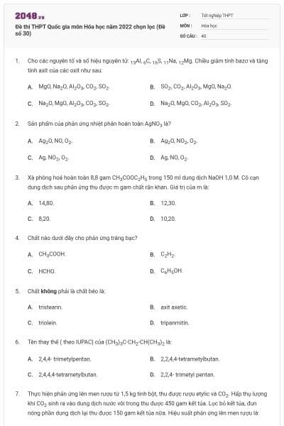 Đề thi THPT Quốc gia môn Hóa học năm 2022 chọn lọc (Đề số 30)