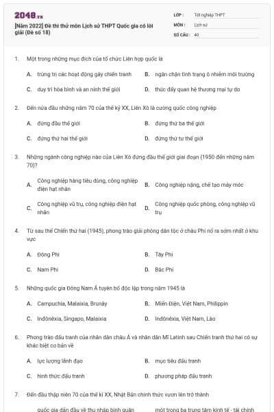 [Năm 2022] Đề thi thử môn Lịch sử THPT Quốc gia có lời giải (Đề số 18)