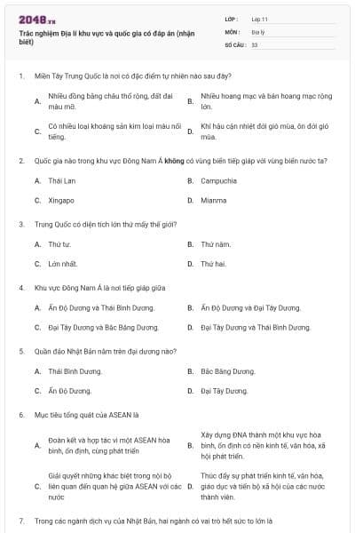 Trắc nghiệm Địa lí khu vực và quốc gia có đáp án (nhận biết)