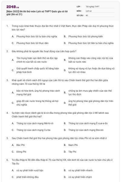 [Năm 2022] Đề thi thử môn Lịch sử THPT Quốc gia có lời giải (Đề số 21)