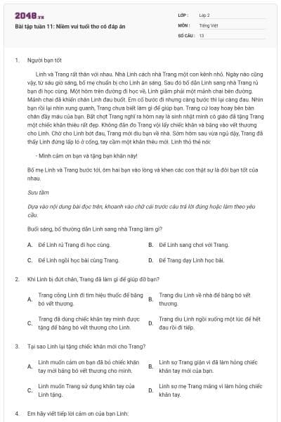 Bài tập tuần 11: Niềm vui tuổi thơ có đáp án