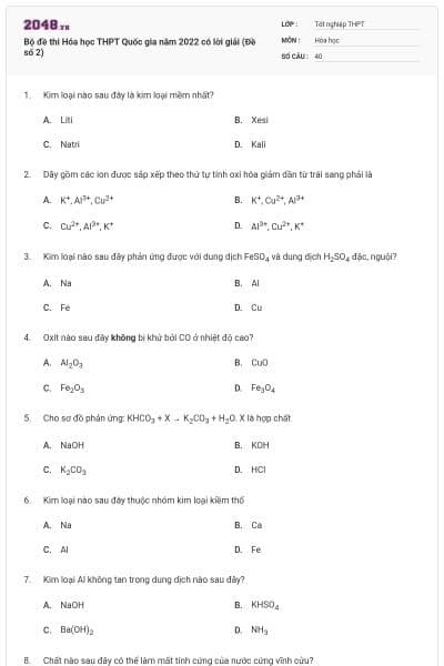 Bộ đề thi Hóa học THPT Quốc gia năm 2022 có lời giải (Đề số 2)