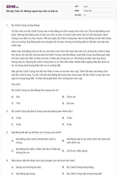 Bài tập Tuần 24: Những người bạn nhỏ có đáp án