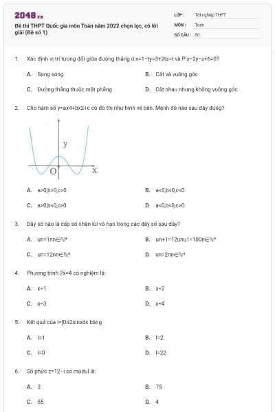 Đề thi THPT Quốc gia môn Toán năm 2022 chọn lọc, có lời giải (Đề số 1)