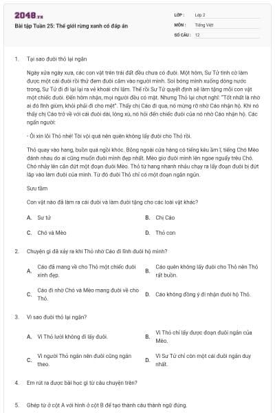 Bài tập Tuần 25: Thế giới rừng xanh có đáp án