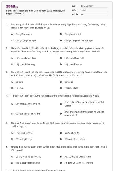 Đề thi THPT Quốc gia môn Lịch sử năm 2022 chọn lọc, có lời giải ( Đề số 27 )