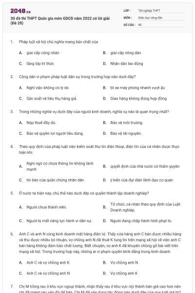 30 đề thi THPT Quốc gia môn GDCD năm 2022 có lời giải (Đề 28)