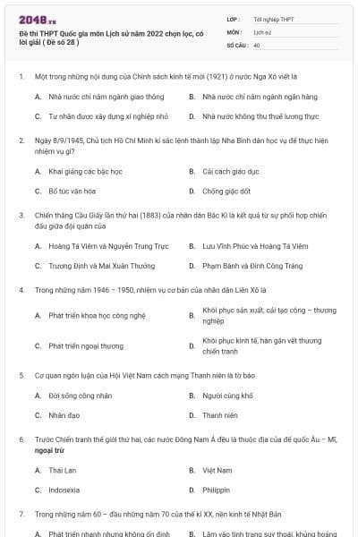 Đề thi THPT Quốc gia môn Lịch sử năm 2022 chọn lọc, có lời giải ( Đề số 28 )