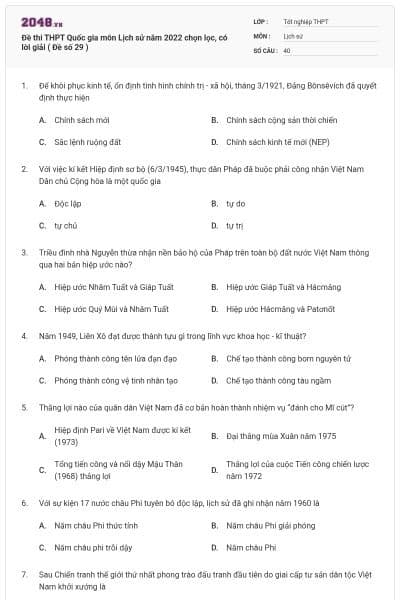 Đề thi THPT Quốc gia môn Lịch sử năm 2022 chọn lọc, có lời giải ( Đề số 29 )